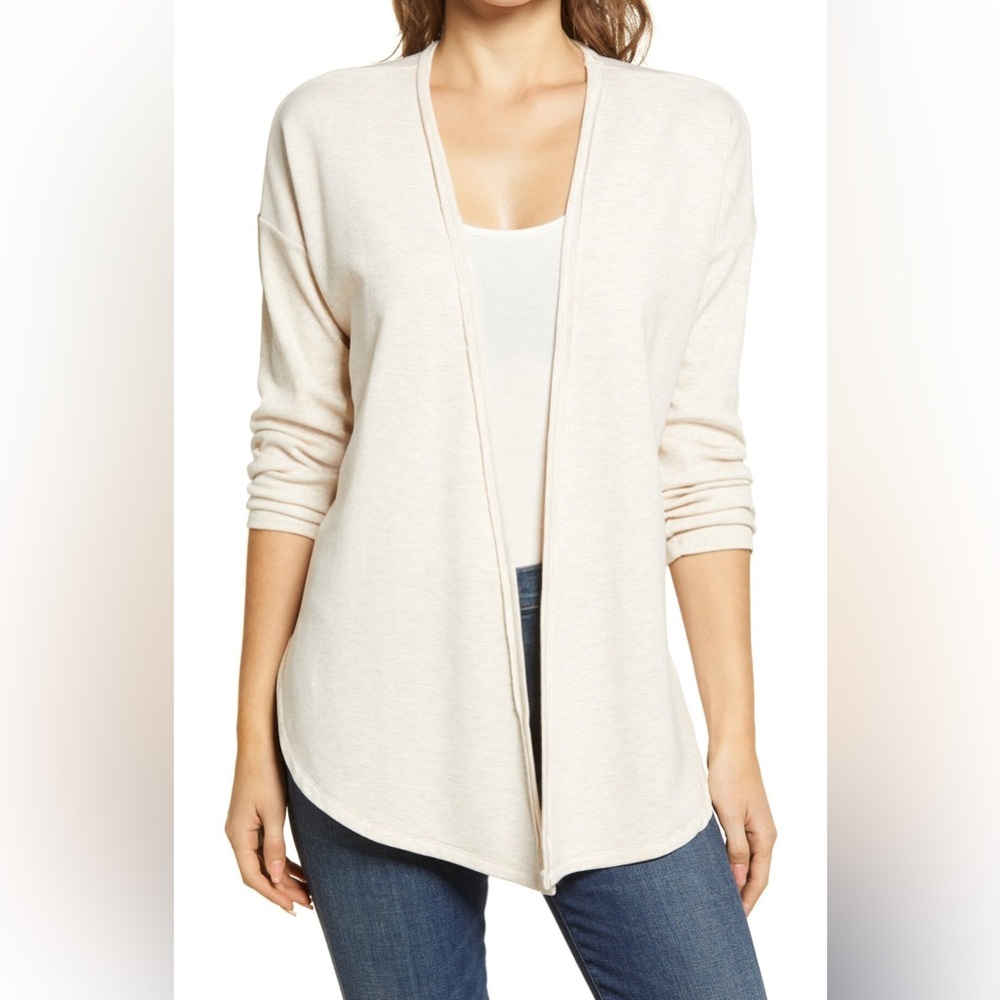 BOBEAU OPEN KNIT CARDIGAN IN HEATHER OATMEAL SIZE M